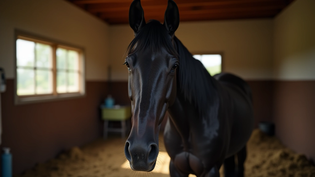 خيل أسود يرتاح في حظيرة مضاءة بشكل طبيعي مع معدات الرعاية